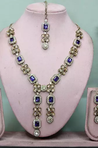 Blue yellow gold premium designer american diamond and stone work necklace set