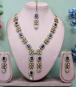 Blue yellow gold premium designer american diamond and stone work necklace set