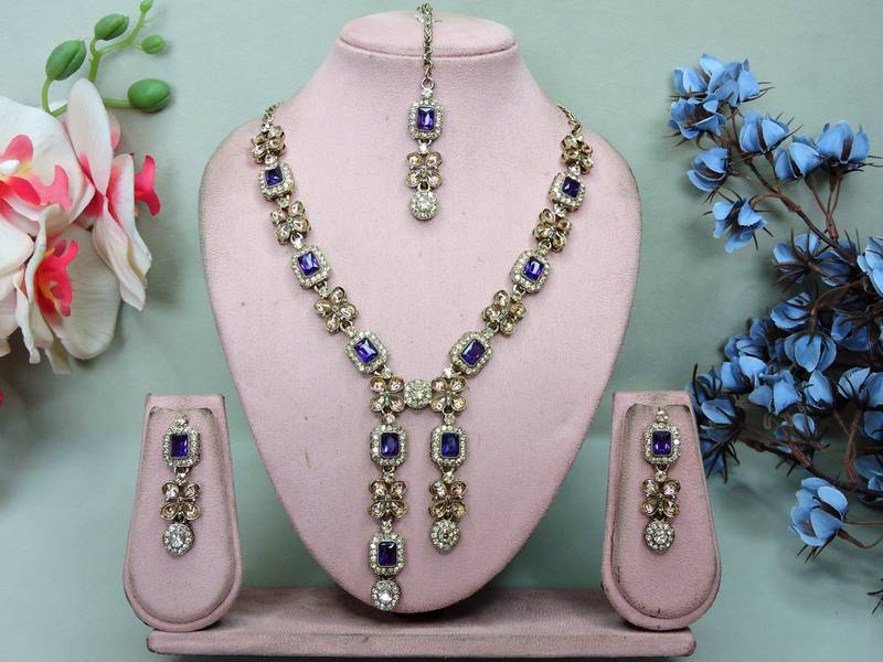 Blue yellow gold premium designer american diamond and stone work necklace set