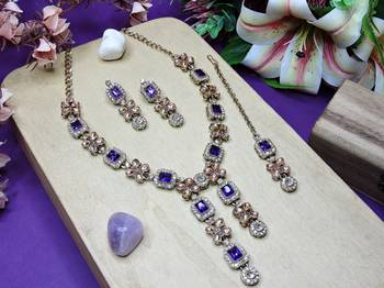 Blue yellow gold premium designer american diamond and stone work necklace set 2