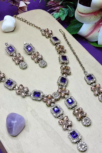 Blue yellow gold premium designer american diamond and stone work necklace set