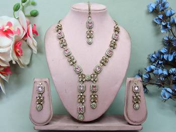 Pink yellow gold premium designer american diamond and stone work necklace set 1