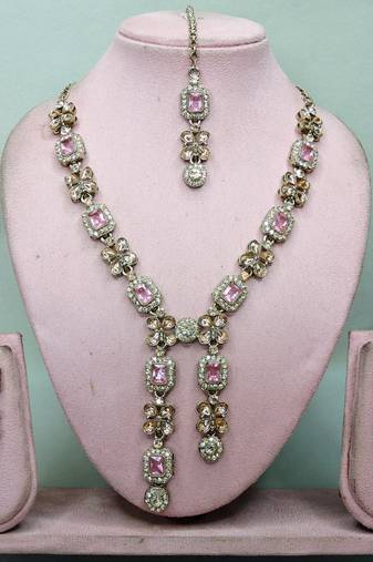 Pink yellow gold premium designer american diamond and stone work necklace set