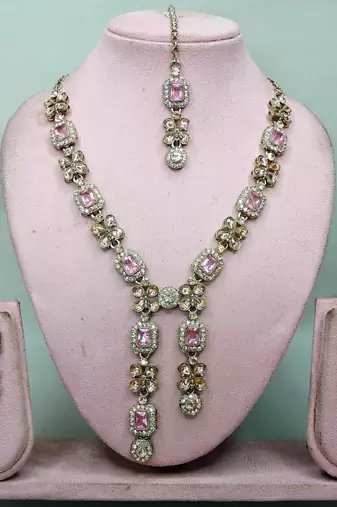 Pink yellow gold premium designer american diamond and stone work necklace set