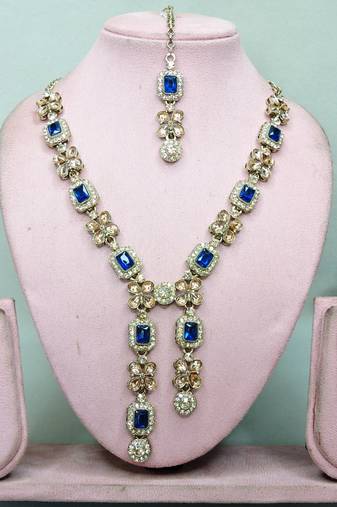 Blue yellow gold premium designer american diamond and stone work necklace set
