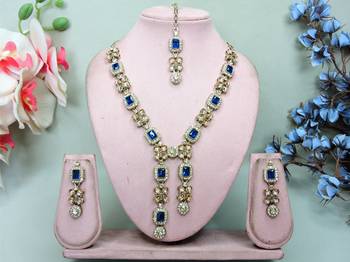 Blue yellow gold premium designer american diamond and stone work necklace set 2