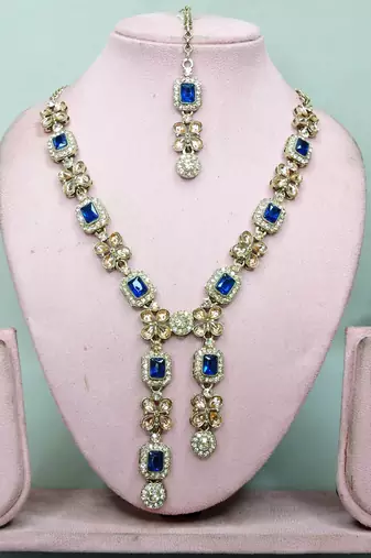 Blue yellow gold premium designer american diamond and stone work necklace set