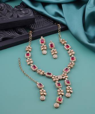 Pink yellow gold premium designer american diamond and stone work necklace set 1