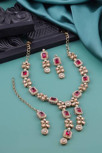 Pink yellow gold premium designer american diamond and stone work necklace set