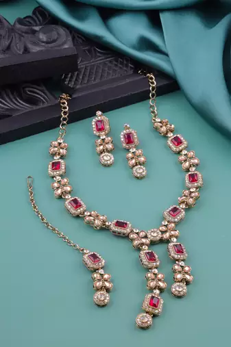 Pink yellow gold premium designer american diamond and stone work necklace set