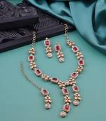 Pink yellow gold premium designer american diamond and stone work necklace set