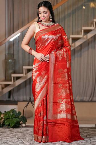 Zara- red chiffon saree crafted for effortless elegance and timeless charm
