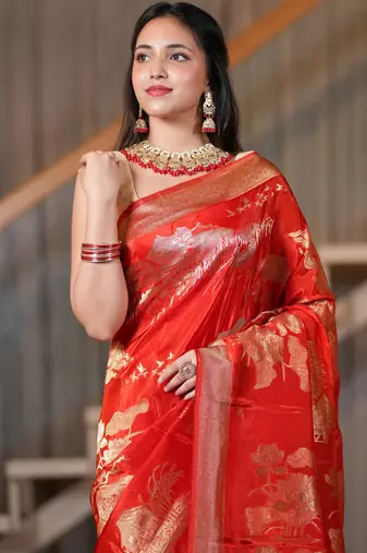 Zara- red chiffon saree crafted for effortless elegance and timeless charm