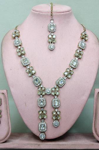 White yellow gold premium designer american diamond and stone work necklace set