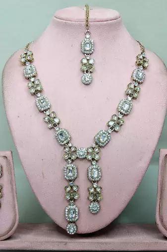 White yellow gold premium designer american diamond and stone work necklace set