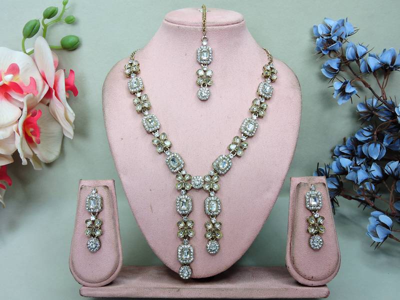 White yellow gold premium designer american diamond and stone work necklace set