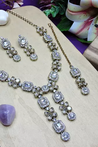 White yellow gold premium designer american diamond and stone work necklace set
