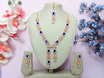 Blue rose gold premium designer american diamond and stone work necklace set 1
