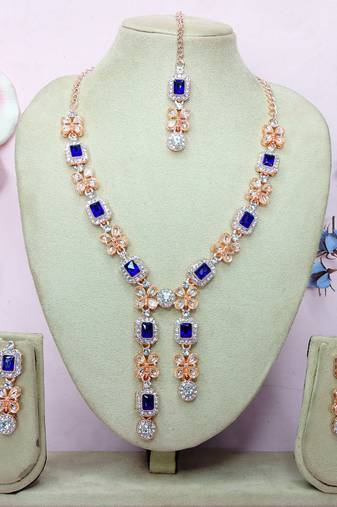 Blue rose gold premium designer american diamond and stone work necklace set