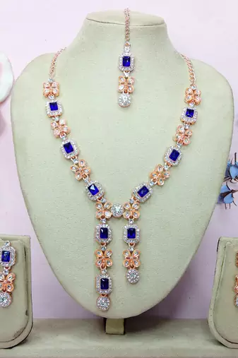 Blue rose gold premium designer american diamond and stone work necklace set