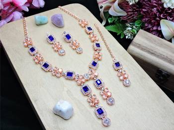 Blue rose gold premium designer american diamond and stone work necklace set 2
