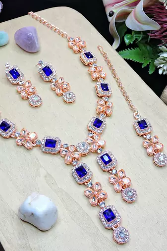 Blue rose gold premium designer american diamond and stone work necklace set
