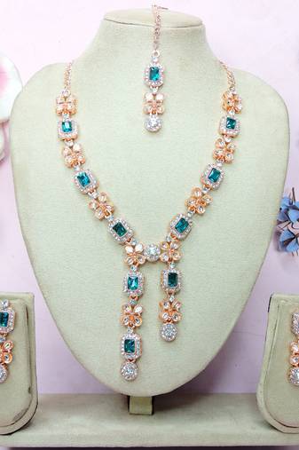 Green rose gold premium designer american diamond and stone work necklace set