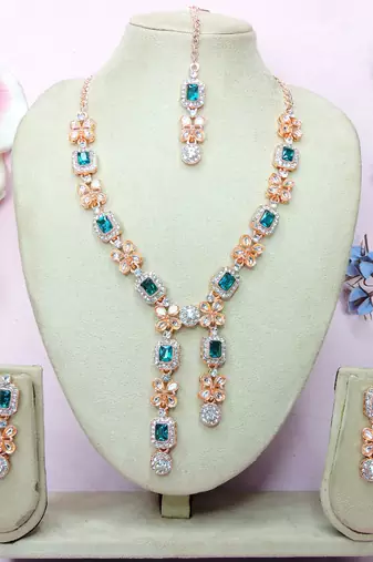 Green rose gold premium designer american diamond and stone work necklace set