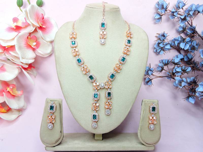 Green rose gold premium designer american diamond and stone work necklace set