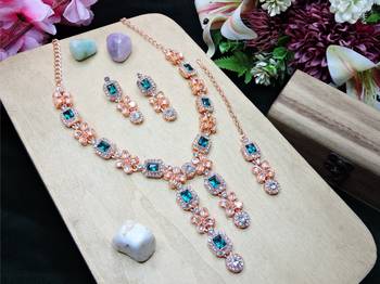 Green rose gold premium designer american diamond and stone work necklace set 2