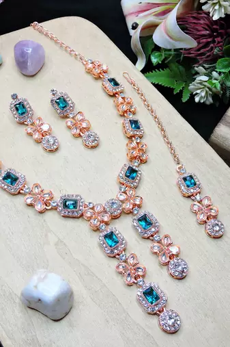 Green rose gold premium designer american diamond and stone work necklace set