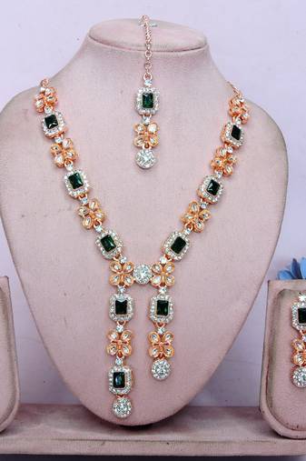 Green rose gold premium designer american diamond and stone work necklace set