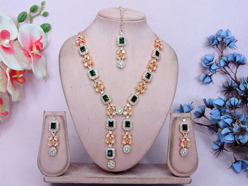Green rose gold premium designer american diamond and stone work necklace set