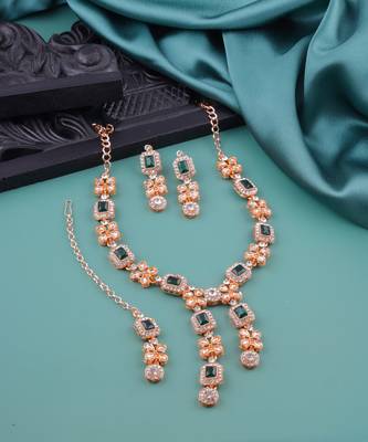 Green rose gold premium designer american diamond and stone work necklace set 2