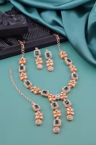 Green rose gold premium designer american diamond and stone work necklace set