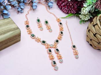 Green rose gold premium designer american diamond and stone work necklace set 3