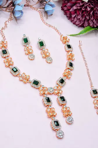 Green rose gold premium designer american diamond and stone work necklace set