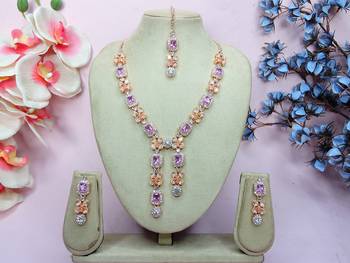 Purple rose gold premium designer american diamond and stone work necklace set 1