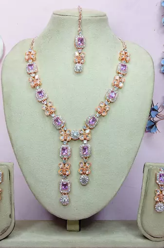 Purple rose gold premium designer american diamond and stone work necklace set