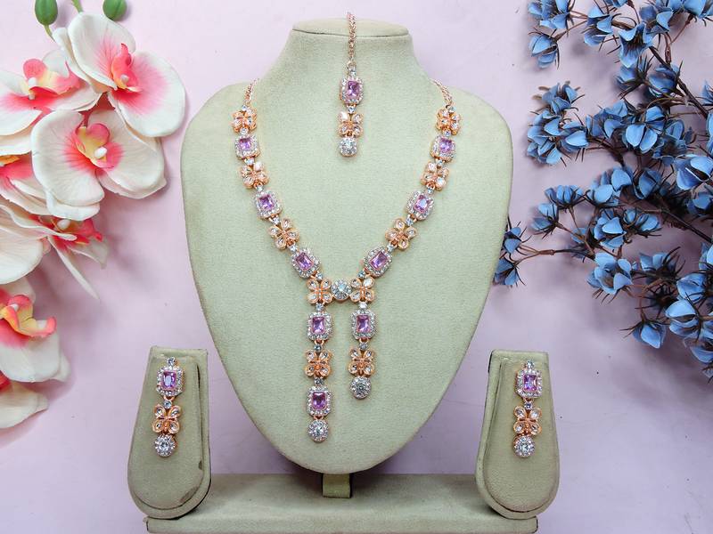 Purple rose gold premium designer american diamond and stone work necklace set