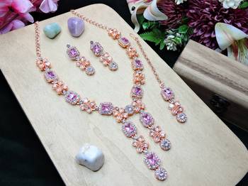 Purple rose gold premium designer american diamond and stone work necklace set 2