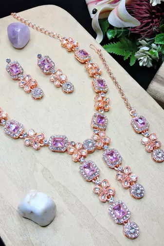 Purple rose gold premium designer american diamond and stone work necklace set