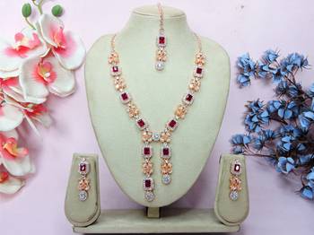 Maroon rose gold premium designer american diamond and stone work necklace set 1