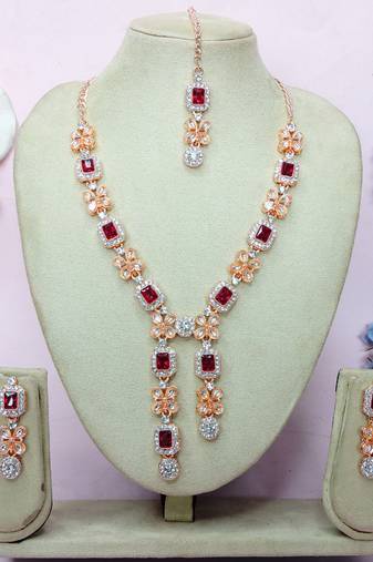 Maroon rose gold premium designer american diamond and stone work necklace set