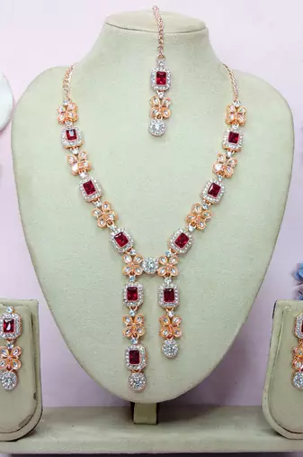 Maroon rose gold premium designer american diamond and stone work necklace set