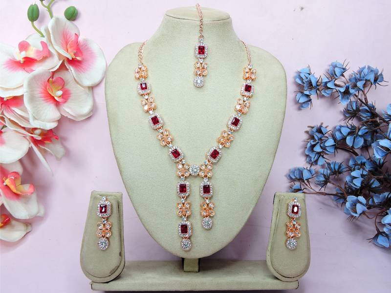 Maroon rose gold premium designer american diamond and stone work necklace set