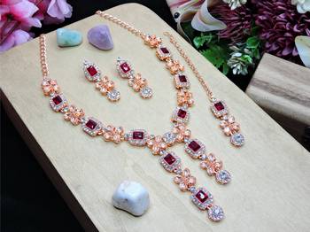Maroon rose gold premium designer american diamond and stone work necklace set 2