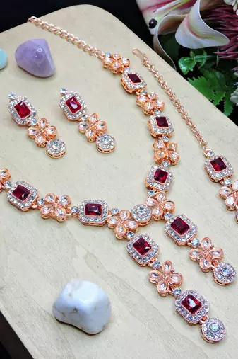 Maroon rose gold premium designer american diamond and stone work necklace set