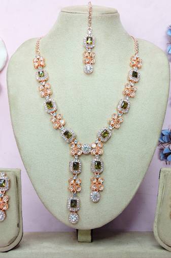 Green rose gold premium designer american diamond and stone work necklace set