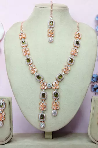 Green rose gold premium designer american diamond and stone work necklace set